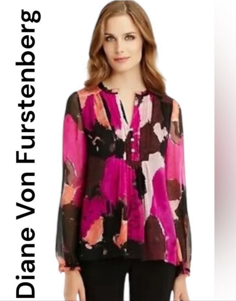 Diane von Furstenberg Annalise Dancing Explosion Pleated Silk Blouse, Size 12